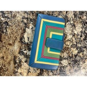 Leather ladies blue wallet with muti color detail on front